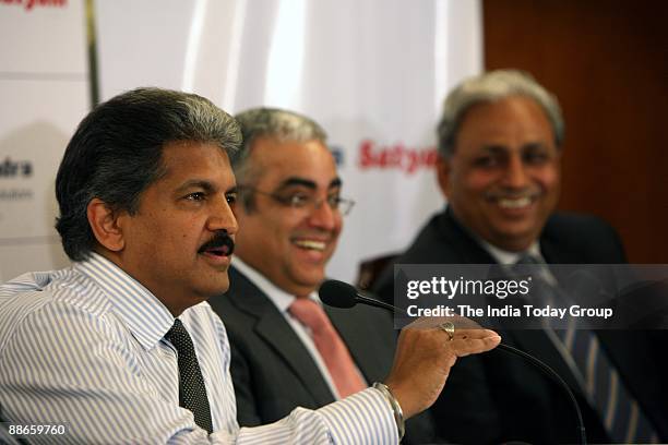 Anand Mahindra, Tech Mahindra chairman, Sanjay Kalra, CEO of Tech Mahindra and C.P. Gurnani, the new CEO of Mahindra Satyam interact with media on...
