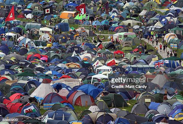 Tents start to fill the fields as music fans start to arrive at the Glastonbury Festival site at Worthy Farm, Pilton on June 24, 2009 near...