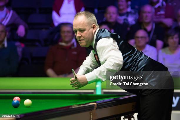 John Higgins of Scotland reacts during his third round match against Yan Bingtao of China on day 9 of 2017 Betway UK Championship at Barbican Centre...