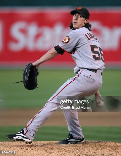 Tim Lincecum of the San Francisco Giants pitches against the Oakland Athletics during the game at the Oakland-Alameda County Coliseum on June 23,...