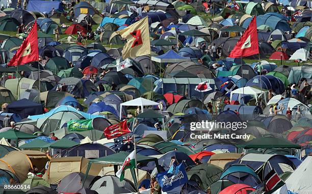 Tents start to fill the fields as music fans start to arrive at the Glastonbury Festival site at Worthy Farm, Pilton on June 24, 2009 near...