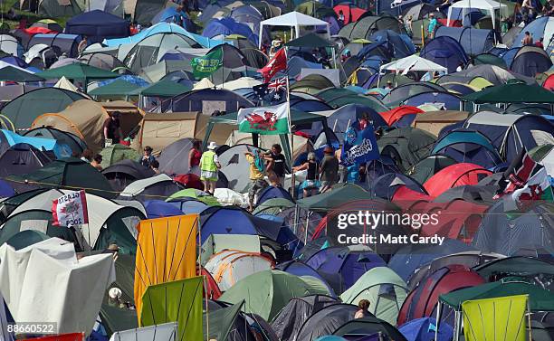 Tents start to fill the fields as music fans start to arrive at the Glastonbury Festival site at Worthy Farm, Pilton on June 24, 2009 near...