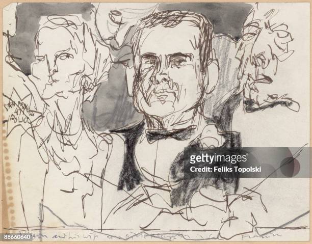 President Richard Nixon and his wife Pat at a reception in San Francisco, circa 1970. A sketch by Polish-born British expressionist painter Feliks...