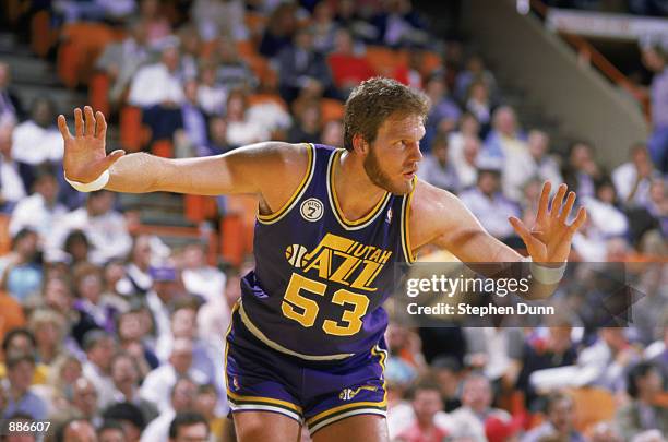 Mark Eaton of the Utah Jazz plays defense during an NBA game at The Salt Palace in Salt Lake City, Utah in 1988.
