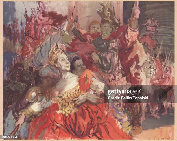 English actress Dame Edith Evans appears in one of Shakespeare's Roman plays, circa 1960. A sketch by Polish-born British expressionist painter...