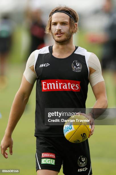 James Aish looks on during a Collingwood Magpies men's and women's joint AFL pre-season training session at the Holden Centre on December 6, 2017 in...