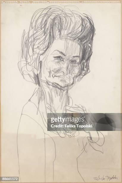 Lady Bird Johnson , the wife of US President Lyndon B. Johnson, circa 1960. A sketch by Polish-born British expressionist painter Feliks Topolski.