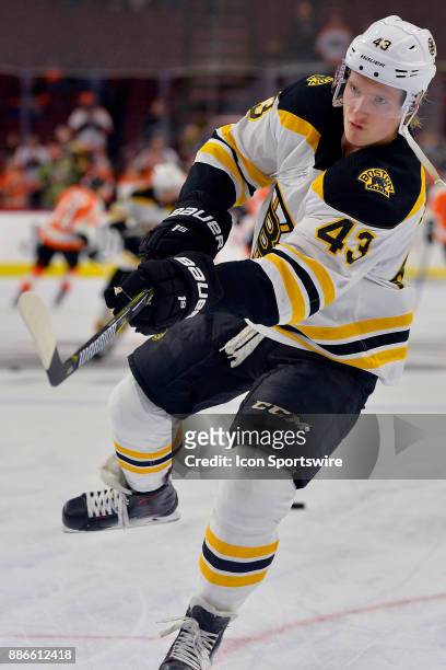 Boston Bruins center Danton Heinen warms up before the NHL game between the Boston Bruins and the Philadelphia Flyers on December 02, 2017 at the...