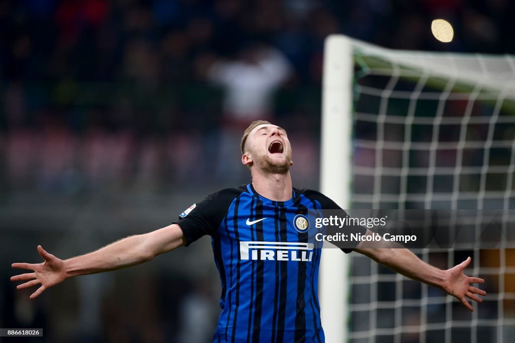 Milan Skriniar of FC Internazionale celebrates after scoring...