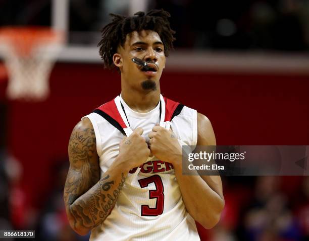 Corey Sanders of the Rutgers Scarlet Knights reacts in the final mintues of the game against the Michigan State Spartans on December 5, 2017 at the...