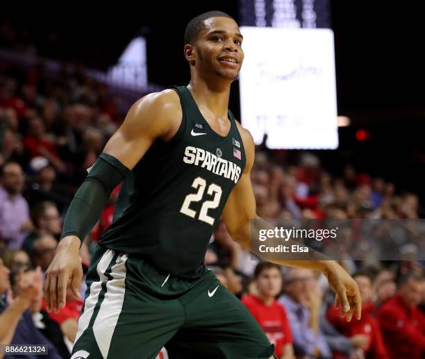 Miles Bridges of the Michigan State Spartans celebrates his three point shot in the second half against the Rutgers Scarlet Knights on December 5,...