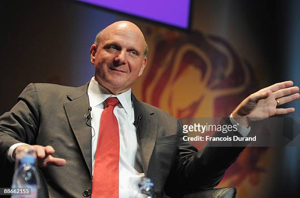 Microsoft CEO Steve Ballmer gives a speech during the Microsoft Advertising Seminar as part of the 56th Cannes Lions International Advertising...