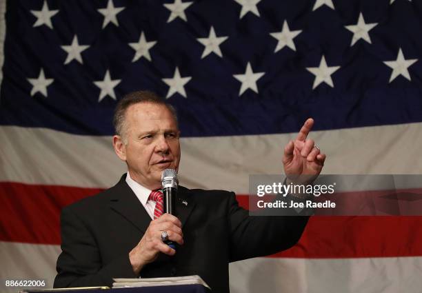 Republican Senatorial candidate Roy Moore speaks during a campaign event at Oak Hollow Farm on December 5, 2017 in Fairhope, Alabama. Mr. Moore is...