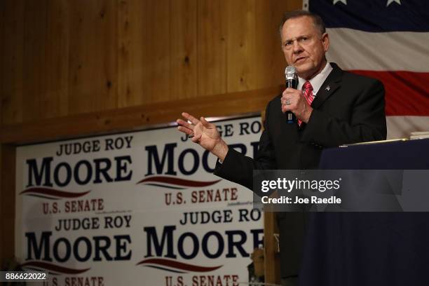 Republican Senatorial candidate Roy Moore speaks during a campaign event at Oak Hollow Farm on December 5, 2017 in Fairhope, Alabama. Mr. Moore is...