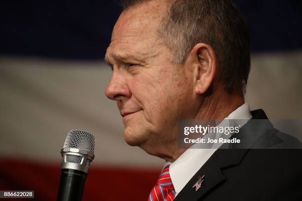 Republican Senatorial candidate Roy Moore speaks during a campaign event at Oak Hollow Farm on December 5, 2017 in Fairhope, Alabama. Mr. Moore is...