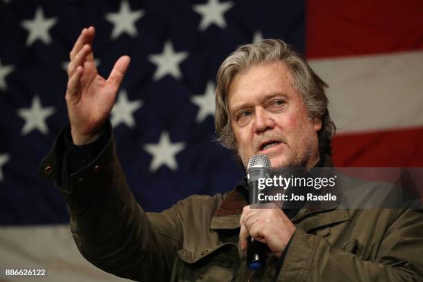 Steve Bannon speaks before introducing Republican Senatorial candidate Roy Moore during a campaign event at Oak Hollow Farm on December 5, 2017 in...