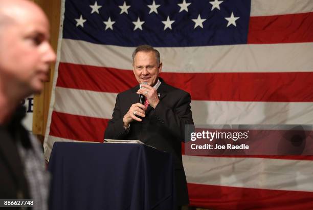 Republican Senatorial candidate Roy Moore speaks during a campaign event at Oak Hollow Farm on December 5, 2017 in Fairhope, Alabama. Mr. Moore is...