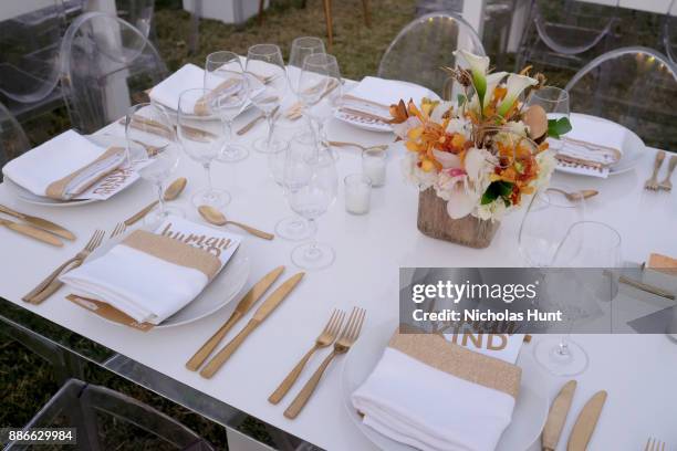 View of the table settings at Wynwood Walls Presents: humanKIND 2017 at Wynwood Walls on December 5, 2017 in Miami, Florida.