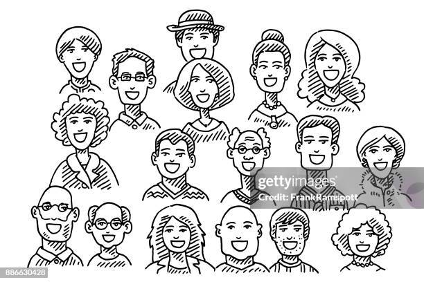 group of people faces drawing - happy face drawing stock illustrations