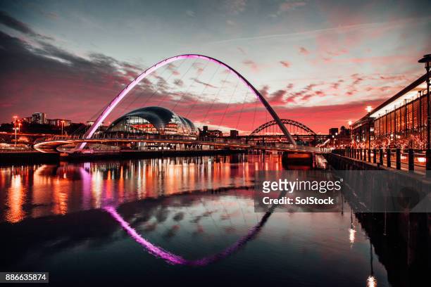 the tyne bridges at sunset - newcastle upon tyne stock pictures, royalty-free photos & images