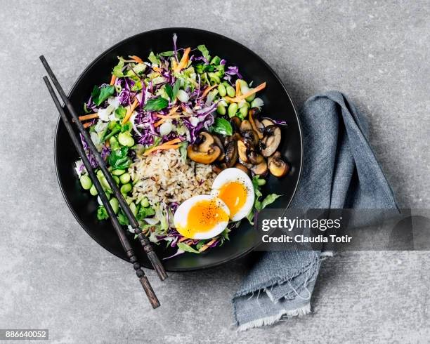 fresh salad with fried rice and boiled eggs - vegetable fried rice stock-fotos und bilder