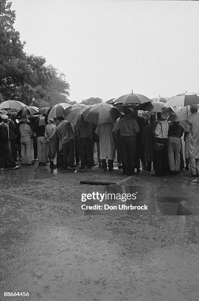 Back view of golf spectators as they watch US Open tournament from under umbrellas in the rain at the Winged Foot Country Club, Mamaroneck, NY. June,...