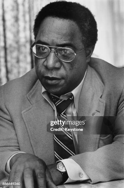 American writer Alex Haley , the author of 'Roots: The Saga of an American Family', in London, 12th April 1977. He is on his way to the Gambia in...