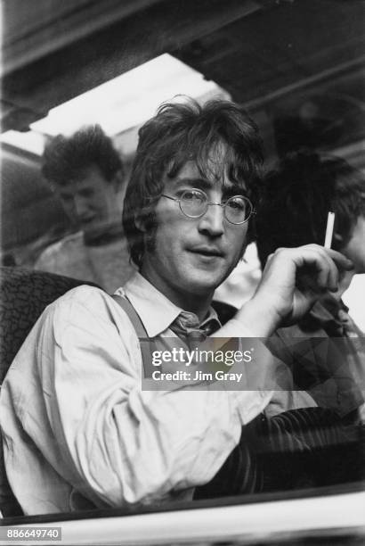 Musician John Lennon of English rock band the Beatles during the filming of 'Magical Mystery Tour' in Devon, UK, 1967.