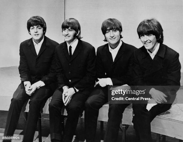English rock band the Beatles at the BBC television studios in London before leaving for a concert tour of Germany, and afterwards Japan, 16th June...