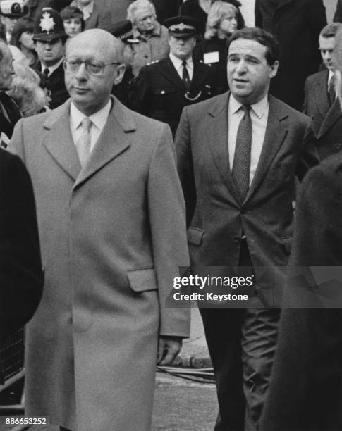 British Shadow Home Secretary Gerald Kaufman and Home Secretary Leon Brittan attend the unveiling of a memorial to WPC Yvonne Fletcher in St James's...