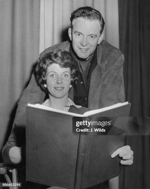 English actor Tony Britton with actress Sarah Lawson during rehearsals for the BBC television play 'You Are There: The Ordeal of Christabel...
