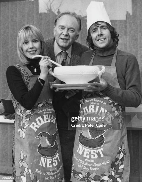 From left to right, Tessa Wyatt, Tony Britton and Richard O'Sullivan, the stars of the Thames Television sitcom 'Robin's Nest', during rehearsals for...