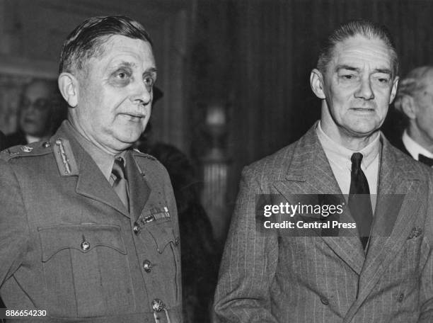 Sir John Brown, the Deputy Adjutant General, with Lord Nuffield at Mansion House in London, for the inauguration of the new welfare scheme for...