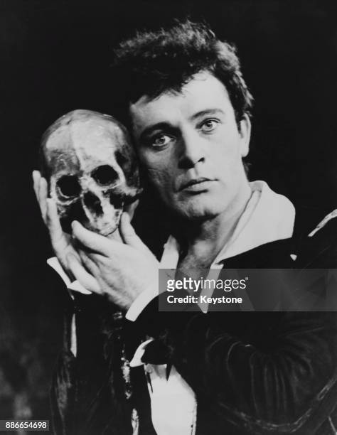 Welsh actor Richard Burton as Hamlet in an Old Vic Company production of Shakespeare's play at the Assembly Hall in Edinburgh, Scotland, during the...