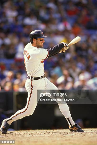 Billy Ripken of the Baltimore Orioles takes a swing during a baseball game on July 1, 1990 at Memorial Stadium in Baltimore, Maryland.