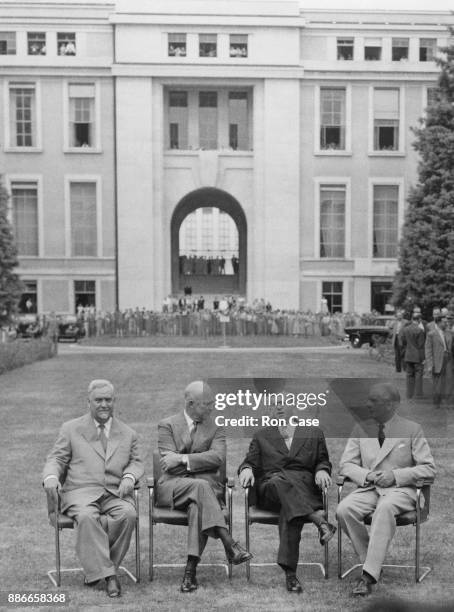From left to right, Soviet premier Nikolai Bulganin , US President Dwight D. Eisenhower, French Prime Minister Edgar Faure and UK Prime Minister Sir...