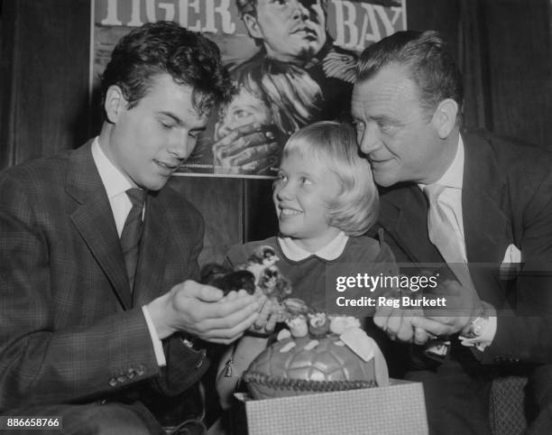 German actor Horst Buchholz with actress Hayley Mills and her father, actor John Mills with Hayley's Easter gift, a box of live chicks, during a...