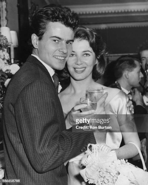 German actor Horst Buchholz and French actress Myriam Bru at their wedding reception at the Penthouse Suite of the Dorchester Hotel in London, 7th...