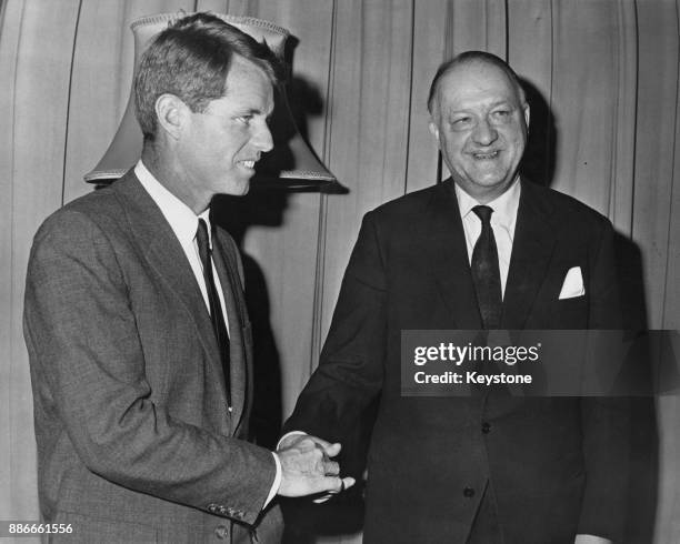 Conservative politician Rab Butler , the British Foreign Secretary, meets US Attorney General Robert F. Kennedy at the Foreign Office in London, 24th...