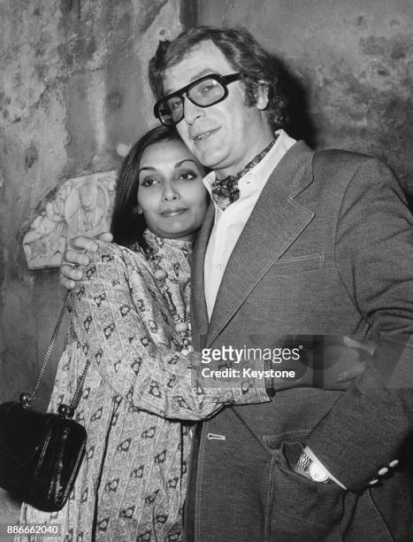 English actor Michael Caine with his wife Shakira in Rome, Italy, 1972. He will be attending the premiere of his film 'Sleuth'.