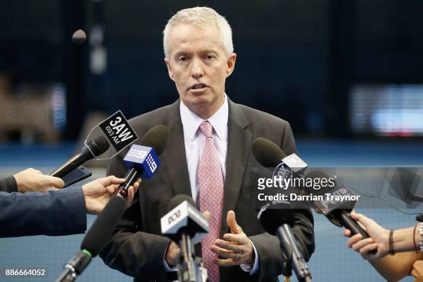 Australian Open Tournament Director Craig Tiley speaks to the media during an Australian Open announcement at Melbourne Park on December 6, 2017 in...