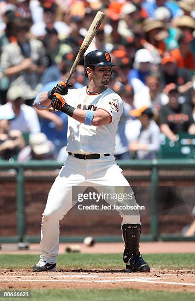 Aaron Rowand#33 of the San Francisco Giants bats against the Texas Rangers during a Major League Baseball game on June 21, 2009 at AT&T Park in San...