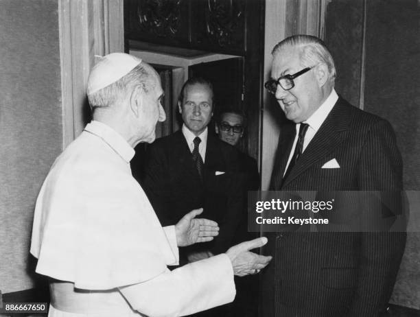 British Prime Minister James Callaghan during his audience with Pope Paul VI at the Vatican, Italy, 23rd September 1977. The Pope had just returned...