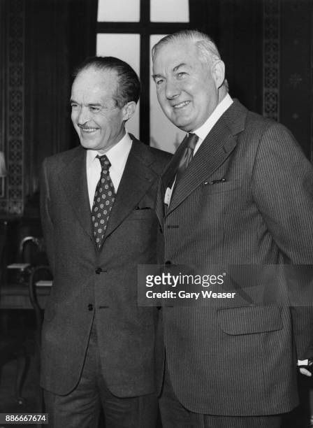 French Foreign Minister Jean Sauvagnargues visits British Foreign Secretary James Callaghan at the Foreign Office in London, for talks on the...