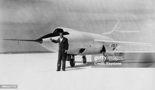 American test pilot Bill Bridgeman with the supersonic Douglas D-558-2 Skyrocket during tests at the Edwards Air Force Base in California, after...