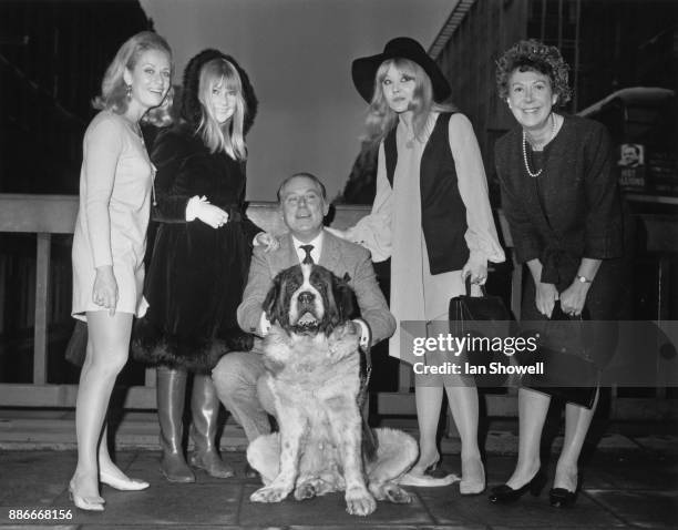 The cast of the new television series 'Father, Dear Father', UK, 30th October 1968. From left to right, Sally Bazely, Ann Holloway, Patrick Cargill,...