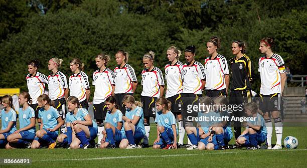 The team of Germany is lined up prior to the U19 Women International Friendly match between Germany and England at the Stadion Flensburg on June 24,...