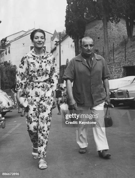 Greek-American soprano Maria Callas with her husband Giovanni Battista Meneghini in Portofino, Italy, during a cruise party with Sir Winston...