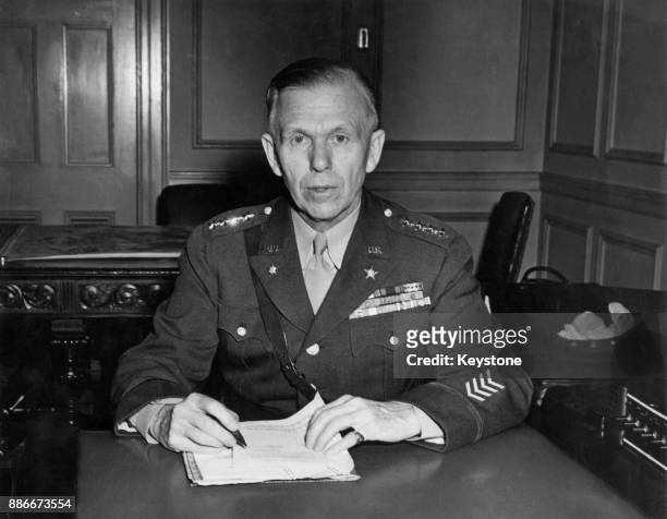 American statesman and soldier George Catlett Marshall Jr. , the United States Army Chief of Staff during World War II, pictured circa 1946.