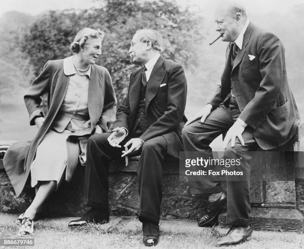 British statesman Winston Churchill and his wife Clementine with French politician Léon Blum at Chartwell, the Churchills' home in Kent, May 1939.